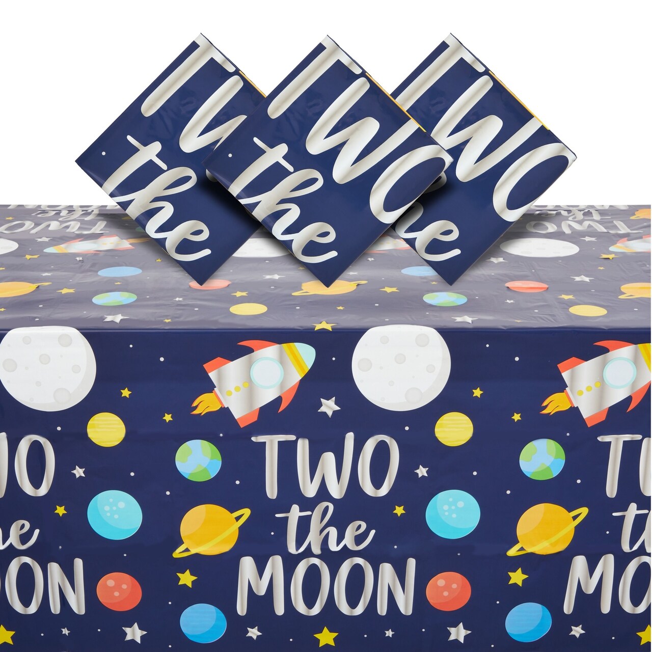 3 Pack Two The Moon Tablecloth for 2nd Birthday Party, Table Cover Party Decorations (54 x 108 In)